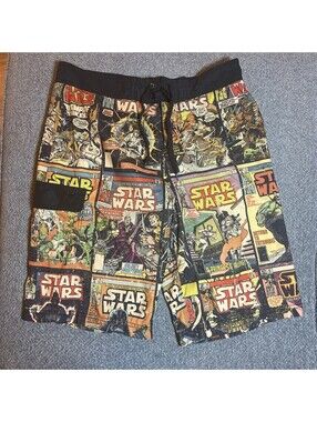 STAR WARS Board Shorts Mens Medium Swim Trunks Black Comic Book Lined Stretch